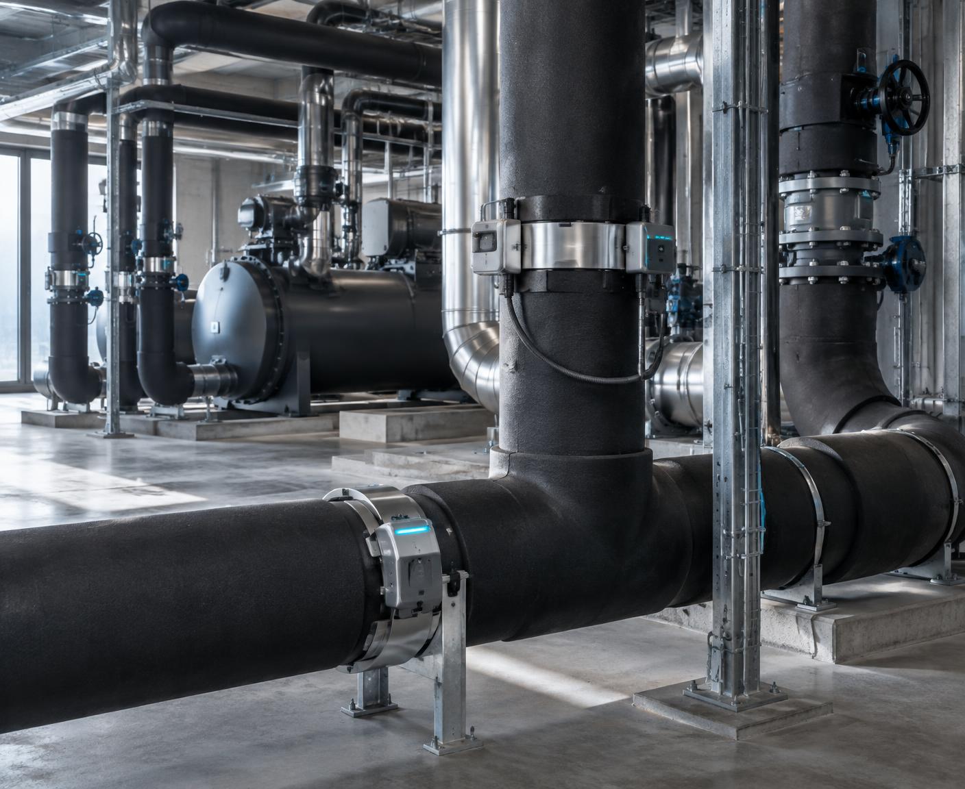 Modern hydronic cooling installation with non-invasive pipe sensors